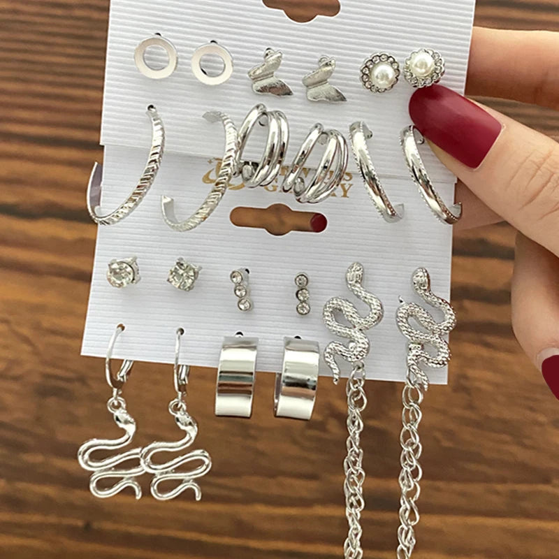 Vintage Metal Geometry Earring Set Pearl Dangle Earrings Hoop Round Jewelry