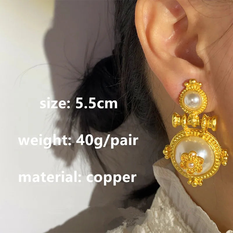 Vintage Metal Pearl Large Stud Earring Irregular Women Jewelry