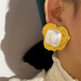 Vintage Metal Pearl Large Stud Earring Irregular Women Jewelry
