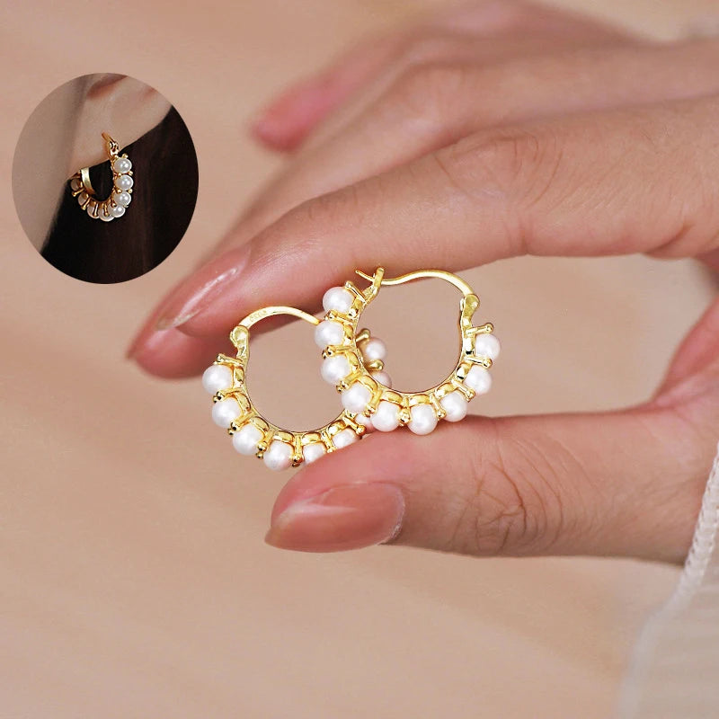 Vintage Pearl Hoop Earrings For Women Round Circle Cartilage Piercing Earring