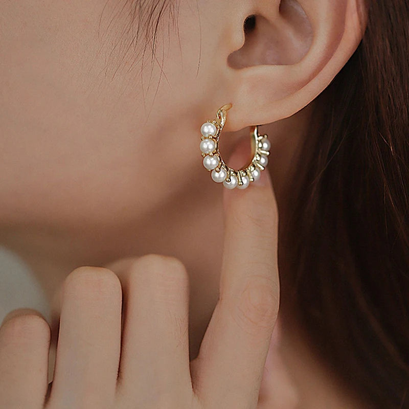 Vintage Pearl Hoop Earrings For Women Round Circle Cartilage Piercing Earring