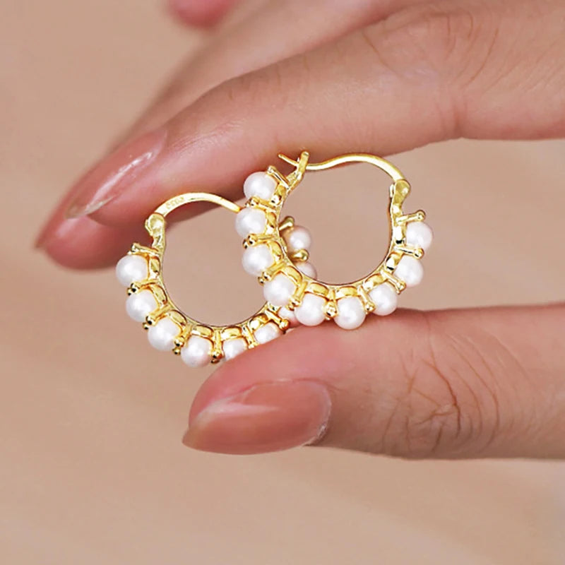 Vintage Pearl Hoop Earrings For Women Round Circle Cartilage Piercing Earring