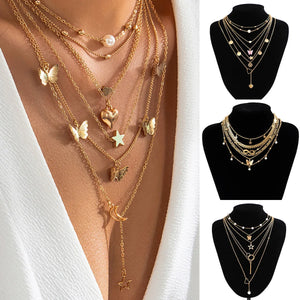 Vintage Pearl Necklaces Geometric Multi-layer Pendant Chain Necklace