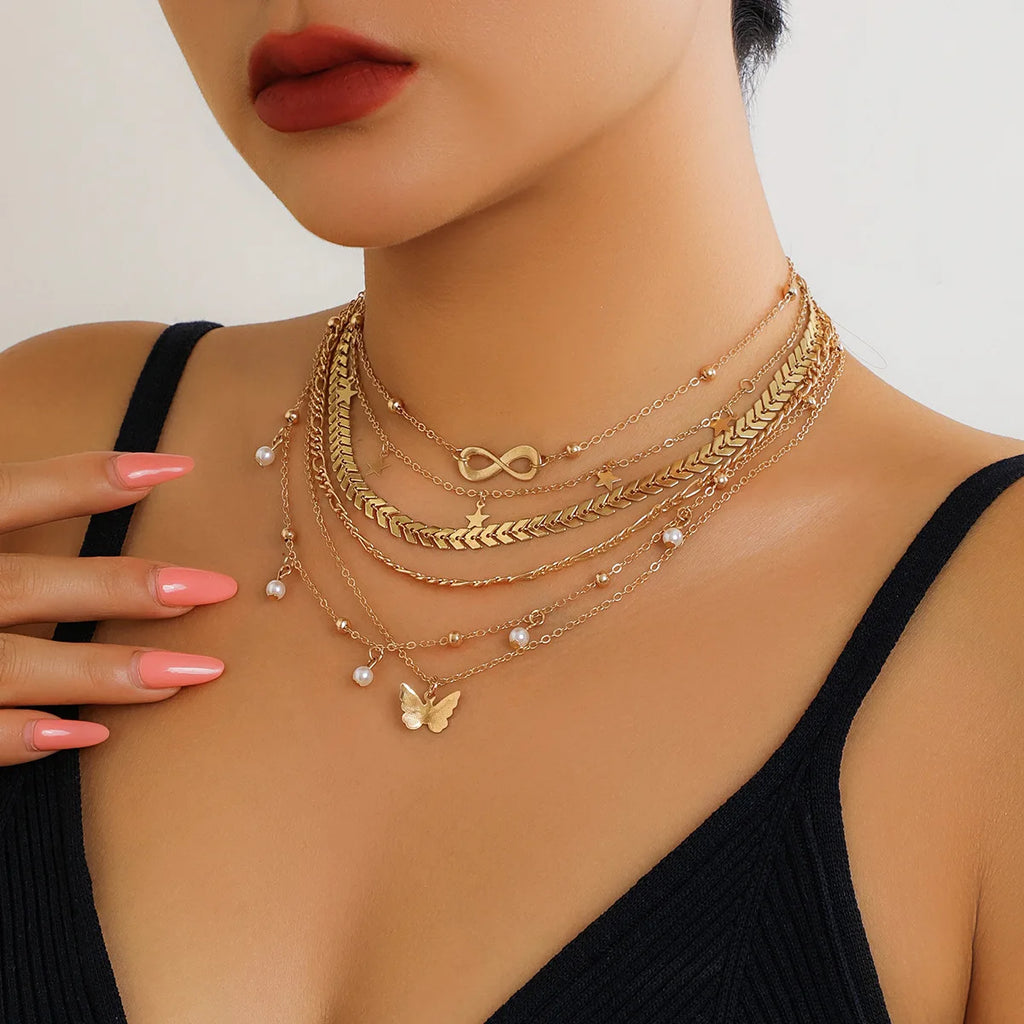 Vintage Pearl Necklaces Geometric Multi-layer Pendant Chain Necklace