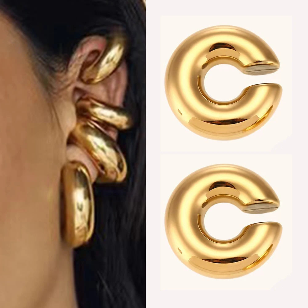 Vintage PVD SS Cylindrical Hollow Ear Clip Earrings