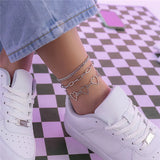 Vintage Silver Heart Multilayer Anklet Bracelet for Women