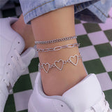 Vintage Silver Heart Multilayer Anklet Bracelet for Women