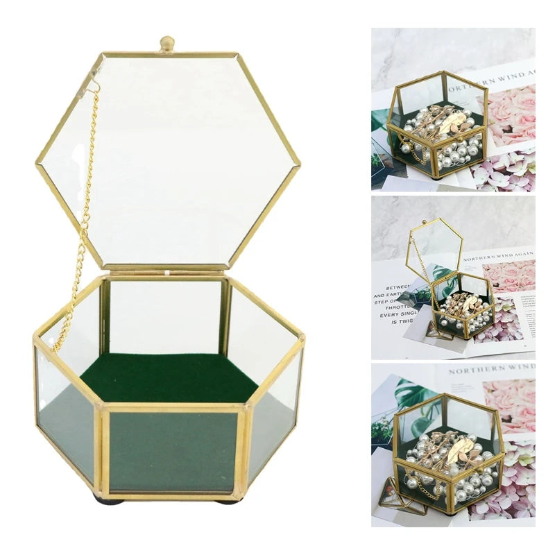 Vintage Golden Glass Lidded Box Jewelry Keepsake Display Organizer