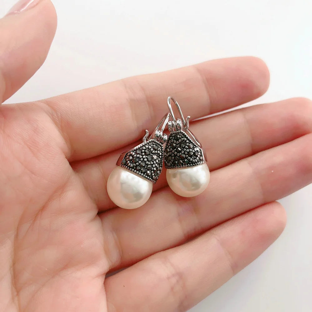 Vintage Goth Pearl Earrings Gothic Wedding Bride Jewelry E700