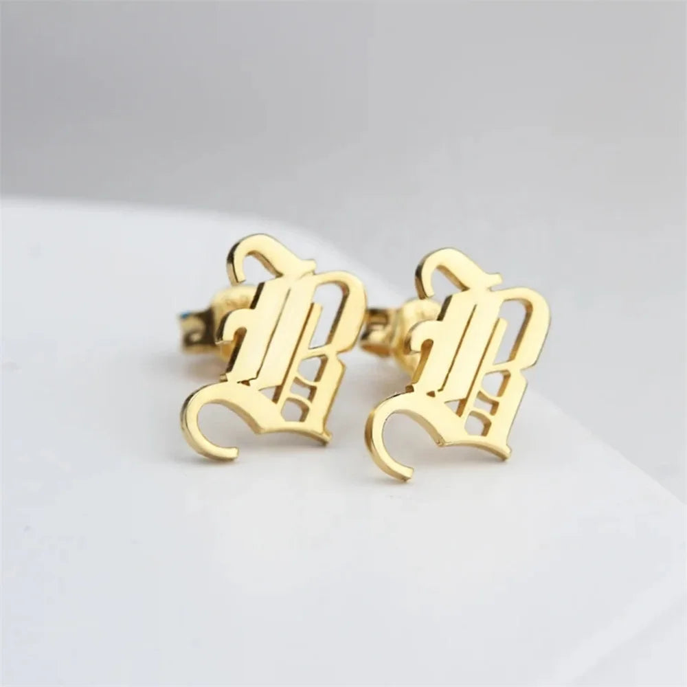 Vintage Gothic Earrings Stainless Steel Old English Font Letters Ear Studs