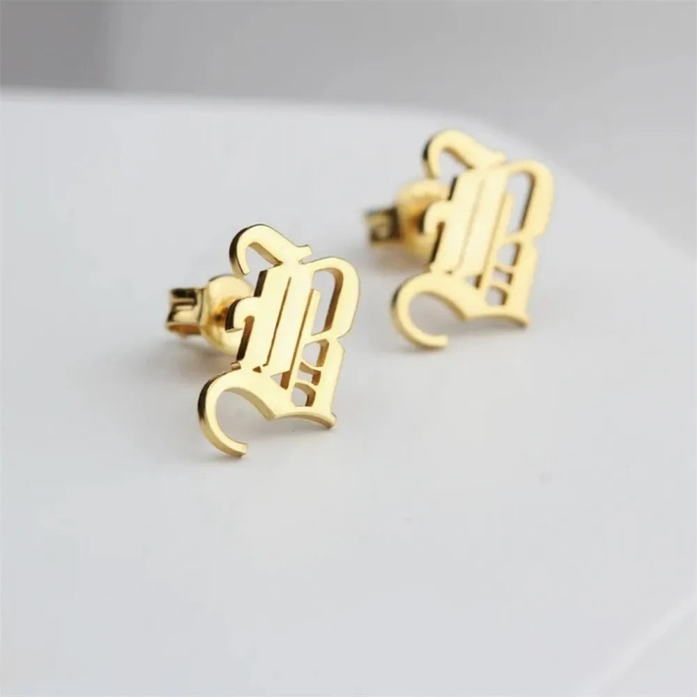 Vintage Gothic Earrings Stainless Steel Old English Font Letters Ear Studs