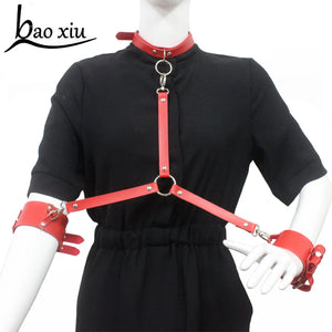 Vintage Gothic Red Faux Leather Collar Big Ring Necklace Set