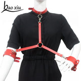 Vintage Gothic Red Faux Leather Collar Big Ring Necklace Set