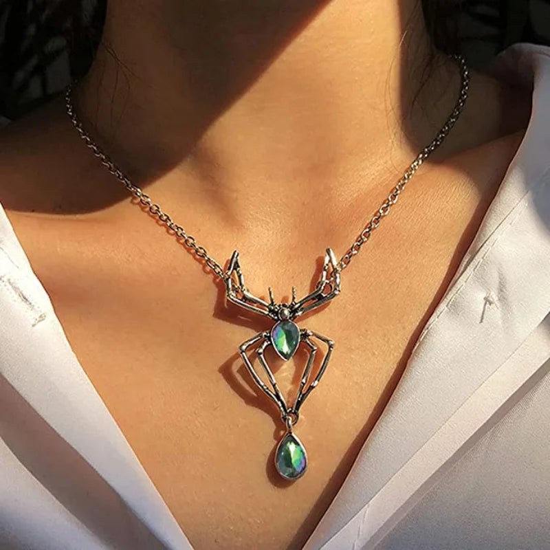 Gothic Spider Necklace Crystal Pendant Punk Style Jewelry