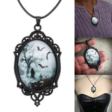 Vintage Gothic Bat Cemetery Glass Pendant Necklace Halloween Jewelry