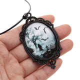 Vintage Gothic Bat Cemetery Glass Pendant Necklace Halloween Jewelry