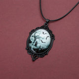 Vintage Gothic Bat Cemetery Glass Pendant Necklace Halloween Jewelry
