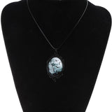 Vintage Gothic Bat Cemetery Glass Pendant Necklace Halloween Jewelry