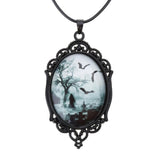 Vintage Gothic Bat Cemetery Glass Pendant Necklace Halloween Jewelry