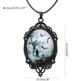 Vintage Gothic Bat Cemetery Glass Pendant Necklace Halloween Jewelry