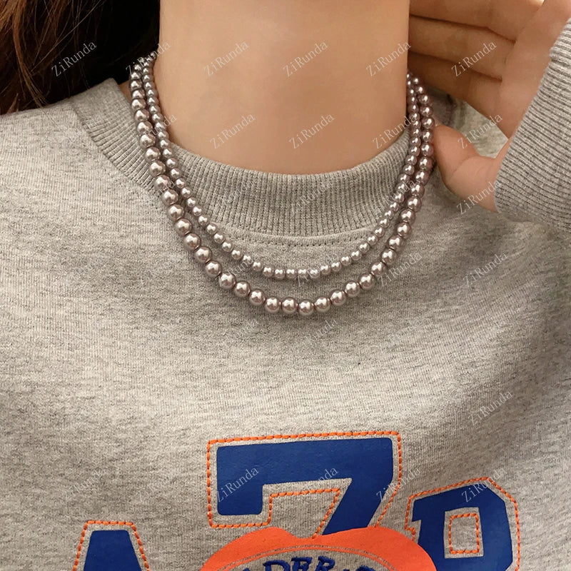 Vintage Gray Pearl Necklace for Women Clavicle Niche High Sense Necklace