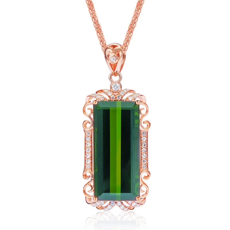 Vintage Green Crystal Emerald Gemstones Pendant Necklace Rose Filled Jewelry