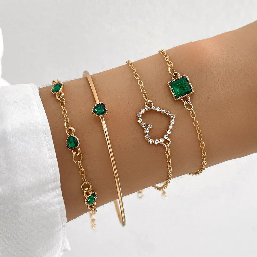 Vintage Green Crystal Heart Chain Bracelets for Women
