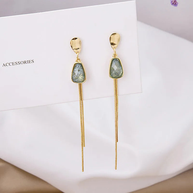 Green Crystal Tassel Earrings for Women