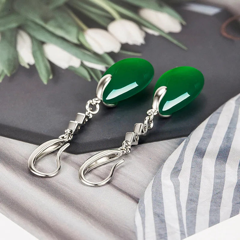 Vintage Green Jade Emerald Crystal Zircon Diamonds Dangle Earrings