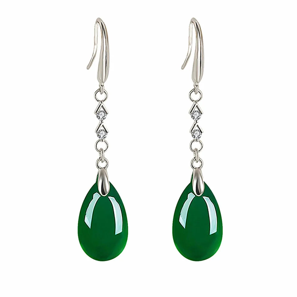 Vintage Green Jade Emerald Crystal Zircon Diamonds Dangle Earrings