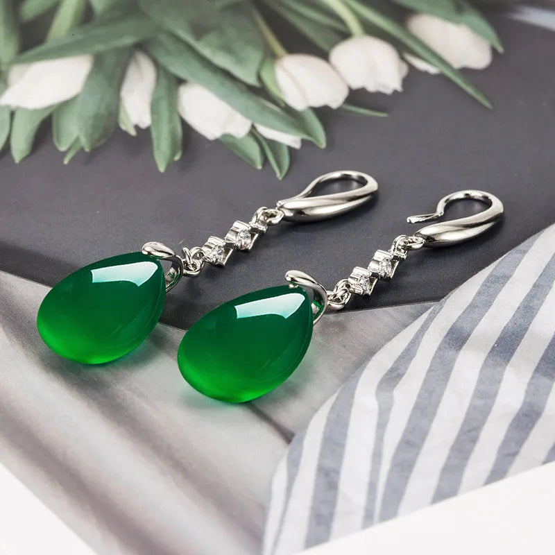 Vintage Green Jade Emerald Crystal Zircon Diamonds Dangle Earrings