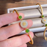 Vintage Green Jade Emerald Gemstones Bangle Chain Bracelet