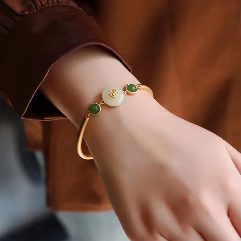 Vintage Green Jade Emerald Gemstones Bangle Chain Bracelet