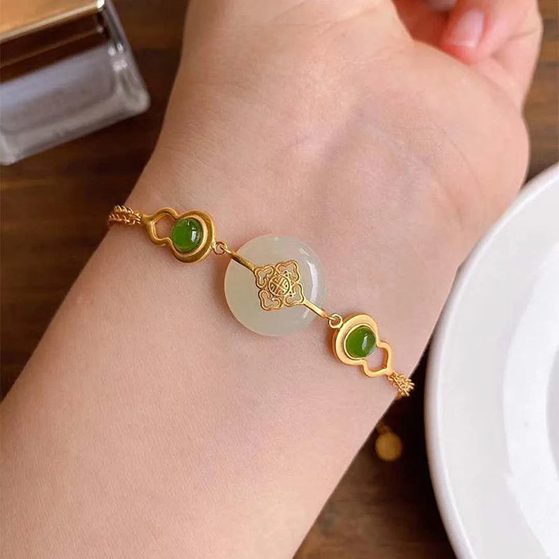 Vintage Green Jade Emerald Gemstones Bangle Chain Bracelet