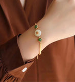 Vintage Green Jade Emerald Gemstones Bangle Chain Bracelet