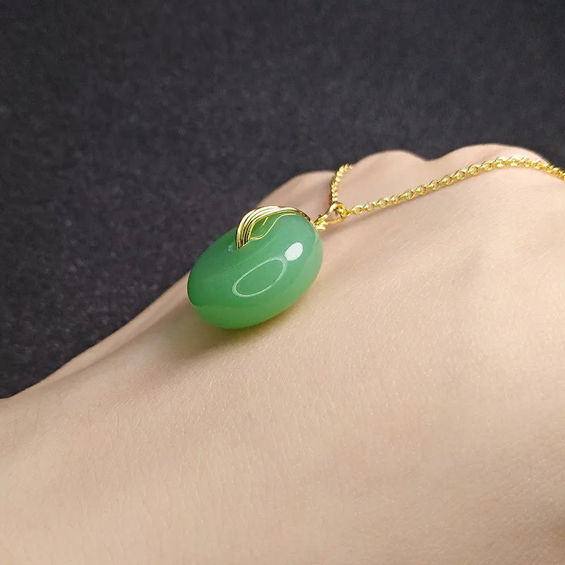 Vintage Green Jade Emerald Gemstone Pendant Necklace 24k Filled Choker Chain