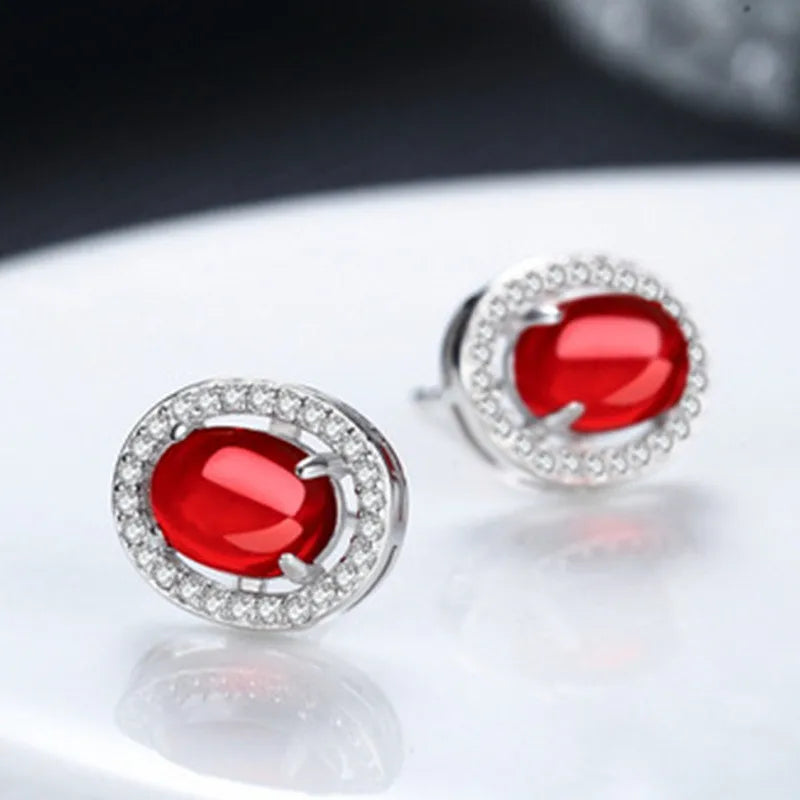 Vintage Green Jade Red Agate Emerald Gemstones Diamonds Oval Stud Earrings