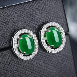 Vintage Green Jade Red Agate Emerald Gemstones Diamonds Oval Stud Earrings