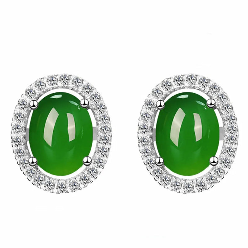 Vintage Green Jade Red Agate Emerald Gemstones Diamonds Oval Stud Earrings
