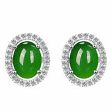 Vintage Green Jade Red Agate Emerald Gemstones Diamonds Oval Stud Earrings