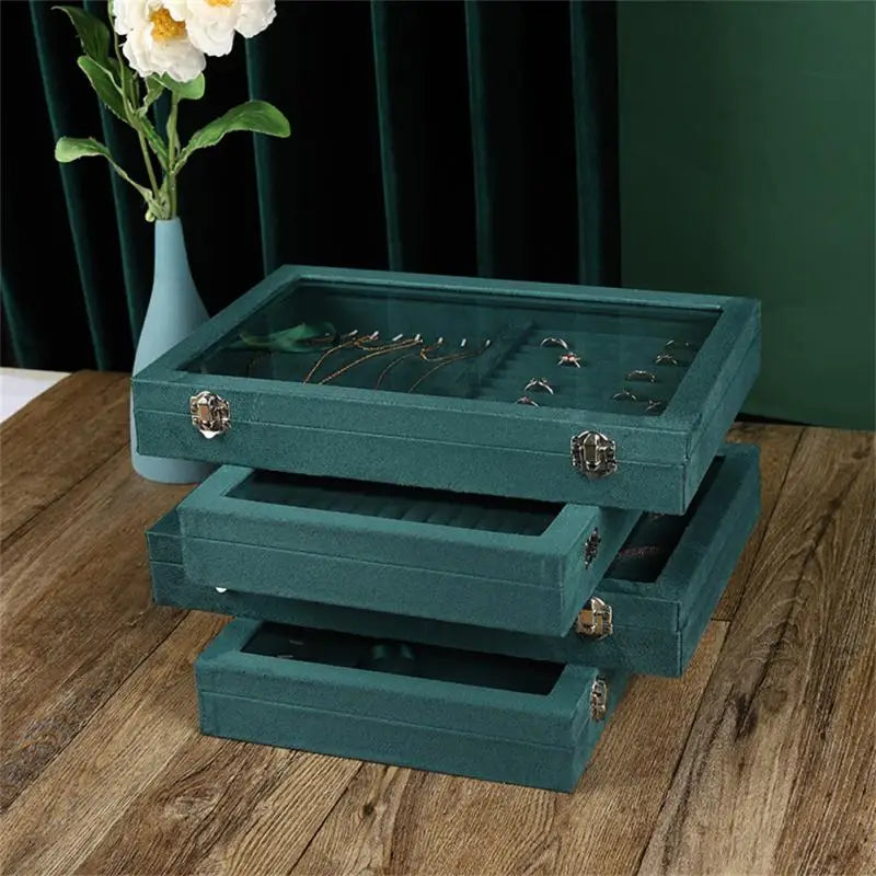 Vintage Green Jewelry Storage Box with Transparent Cover