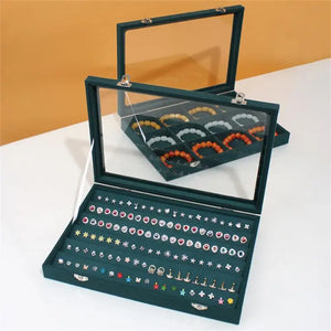 Vintage Green Jewelry Storage Box with Transparent Cover
