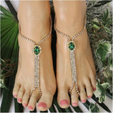 Vintage Green Gem Crystal Point Ring Foot Chain