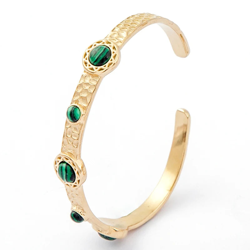 Vintage Green Stone Inlay Bracelet for Women Girls Boho Stainless Steel Bangle