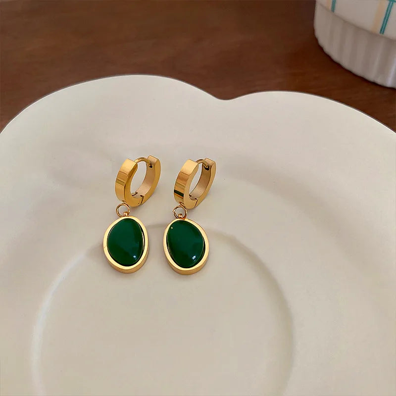 Vintage Green Stone Pendant Hoop Earrings Stainless Steel Huggie Jewelry