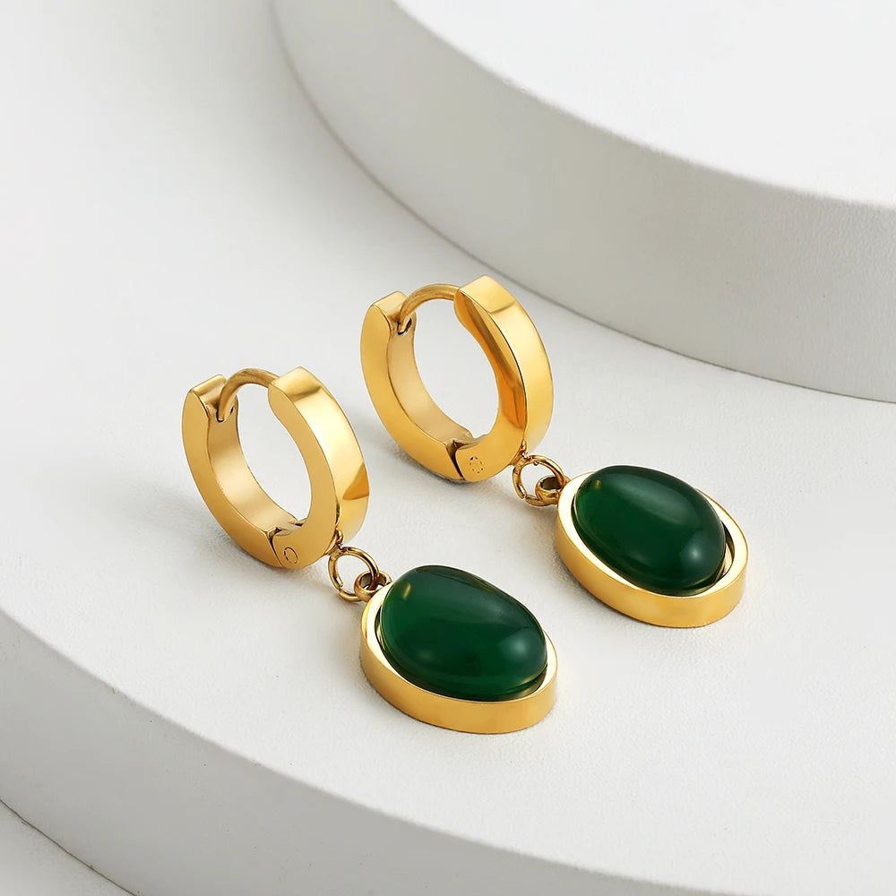 Vintage Green Stone Pendant Hoop Earrings Stainless Steel Huggie Jewelry