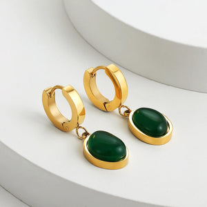 Vintage Green Stone Pendant Hoop Earrings Stainless Steel Huggie Jewelry