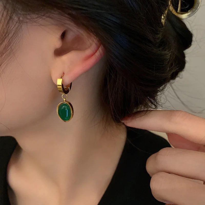 Vintage Green Stone Pendant Hoop Earrings Stainless Steel Huggie Jewelry