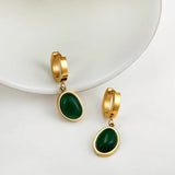 Vintage Green Stone Pendant Hoop Earrings Stainless Steel Huggie Jewelry