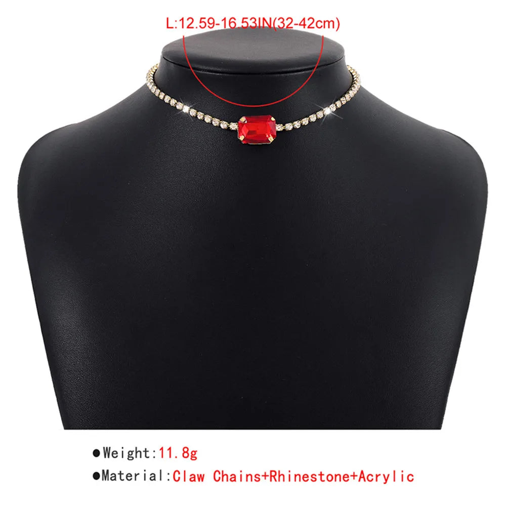 Green Stone Crystal Chain Choker Necklace for Women Rhinestone Collar